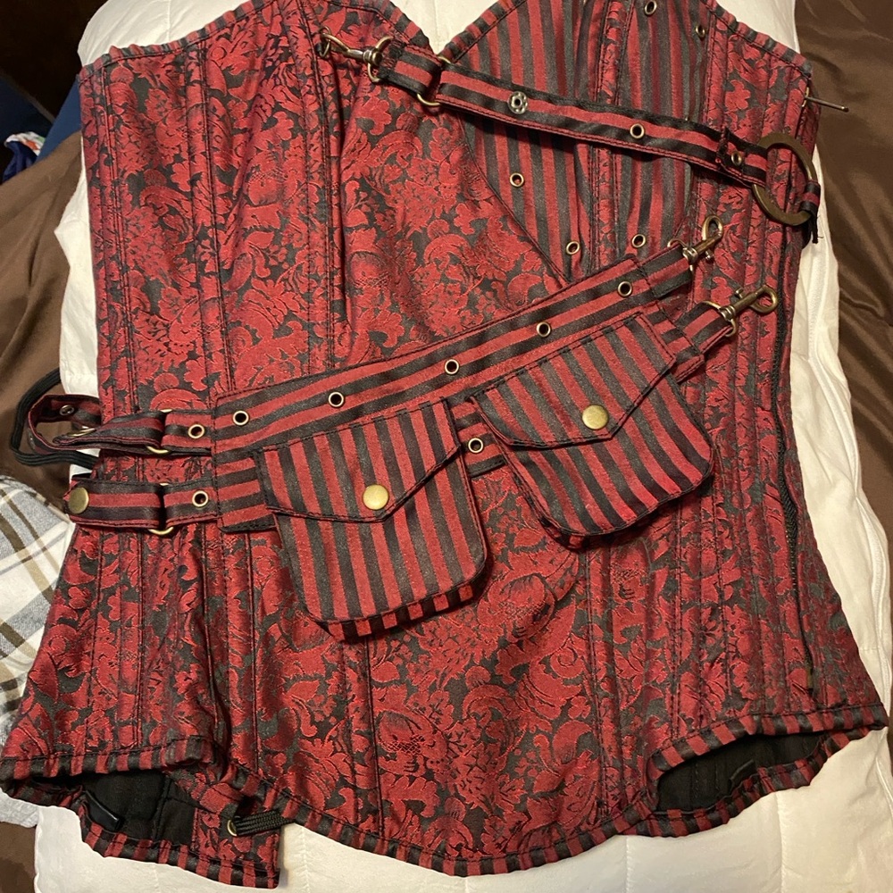 Red and Black Corset with Stripes and Floral Pattern
